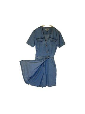 Vintage 90s Sun River Denim Shorts Romper Wrap Dress with Pockets - Size‎ 8